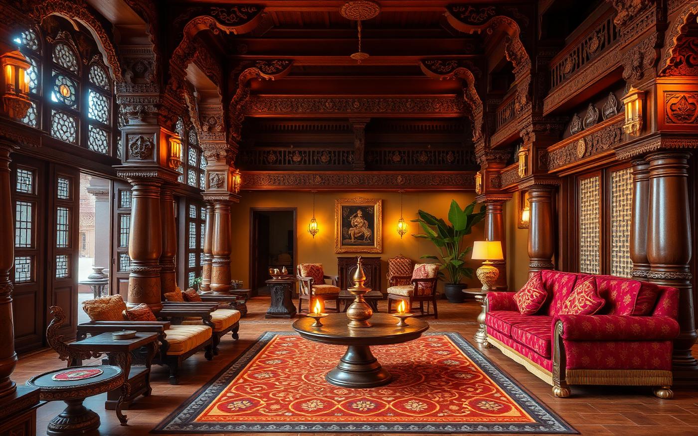 South Indian Chettinad living room with carved pillars